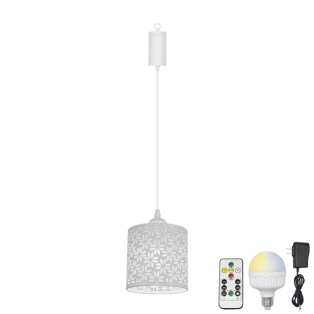Rechargeable Battery Operated Pendant Light with Sleeve&Round Hook RGB Mode Adjustable Wire Length White Hollow Maple Leaf Shade Dimmable J886