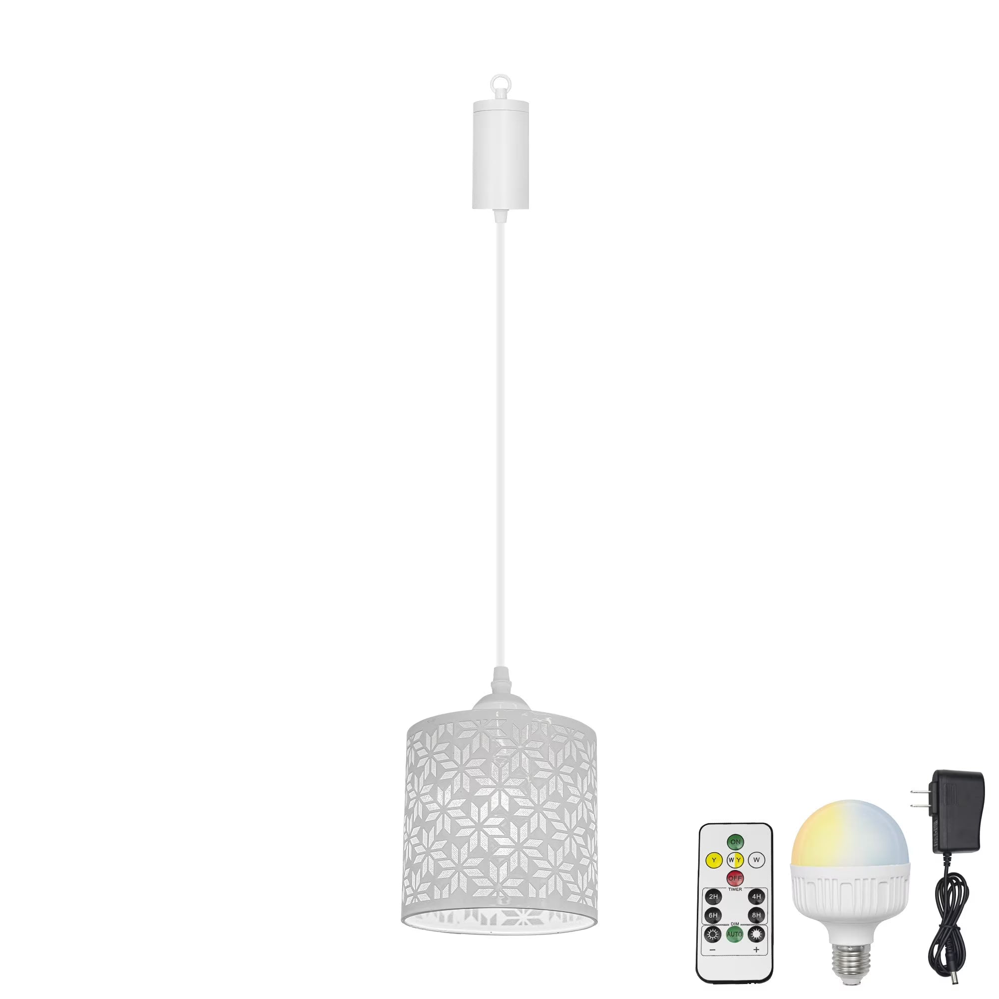 Rechargeable Battery Operated Pendant Light with Sleeve&Round Hook RGB Mode Adjustable Wire Length White Hollow Maple Leaf Shade Dimmable J886