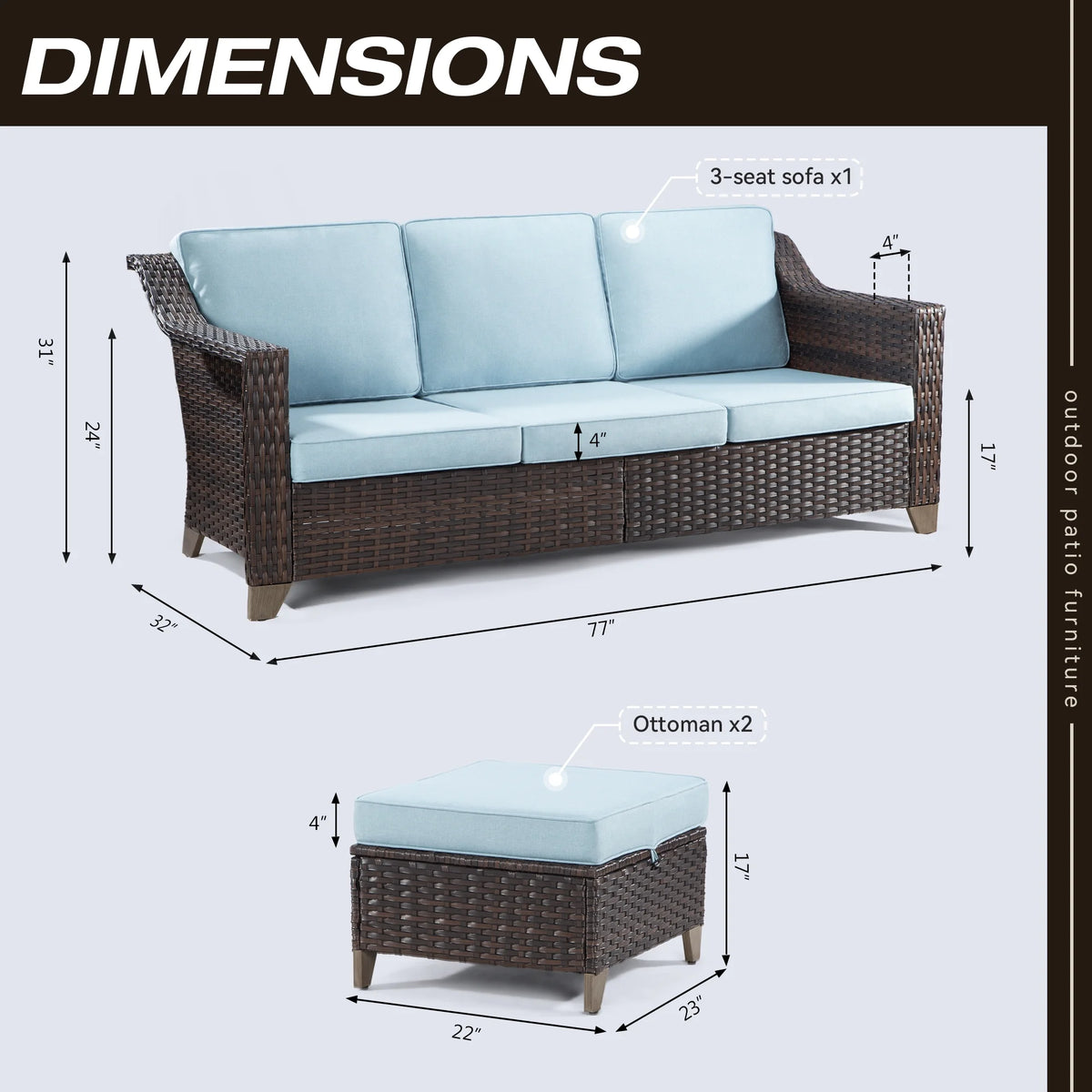 3 Pieces Outdoor Patio Wicker Conversation Set with Cushions, Sky Blue X102223