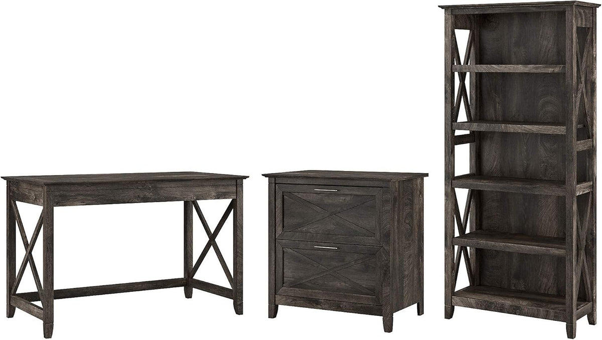 Dark Gray Hickory Writing Desk with 2 Drawer Lateral File Cabinet and 5 Shelf Bookcase M2455