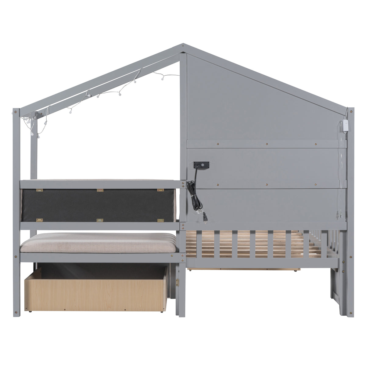 Twin Size House Bed with Upholstered Sofa, Charging Station, Shelves and Two Drawers, Gray E6437