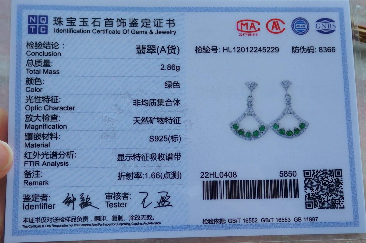 Sterling Silver 925 Green Natural Burma Jade Jadeite Cabochon Fan Dangle Earrings Y1083