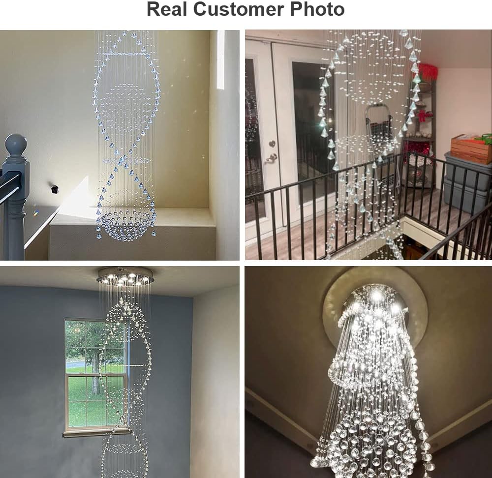 Chandelier for Staircase, Modern Crystal Round Raindrop Flush Mount Ceiling Light Fixtures A50588