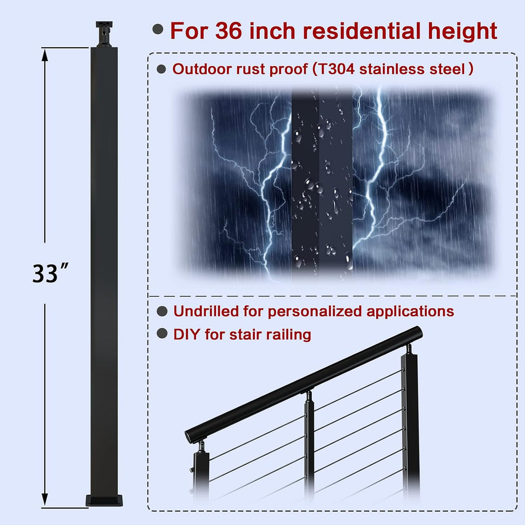 Black Stainless Steel Surface Mount Cable Railing Post 36"x2"x2" 2Pack H37834