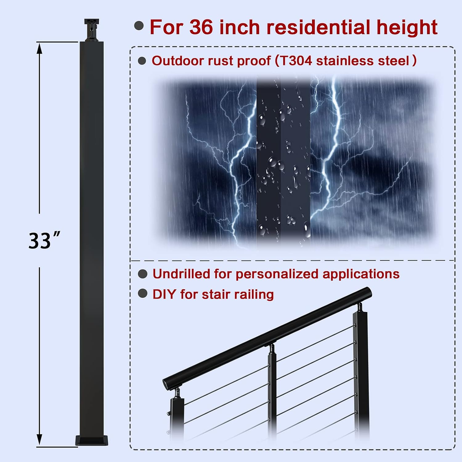 Black Stainless Steel Surface Mount Cable Railing Post 36"x2"x2" 2Pack H37834