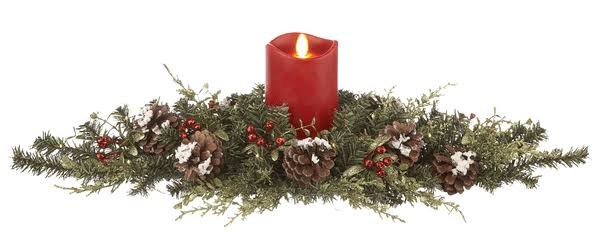 Christmas Mistletoe Table Centerpiece with LED Red Candle (24x22 Spray) J719237