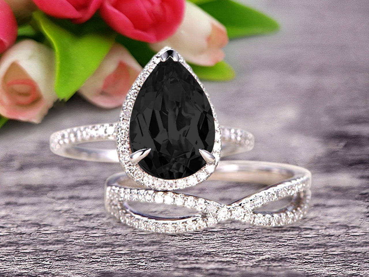 Black Diamond Moissanite Engagement Ring 2.50 Carat Pear Shape 10k White Gold With Matching Band H473165