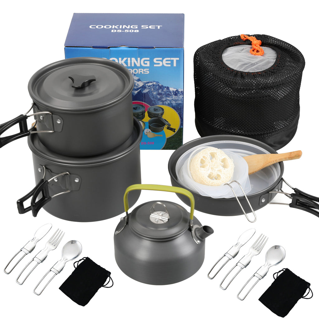 Non-Stick Camping Cookware Mess Kit with Pot, Pan, and Kettle F702393