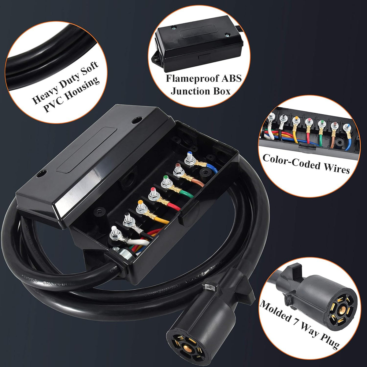 7 Way Inline Trailer Cord with 7 Gang Junction Box, 8 Feet, Waterproof, Pack of 2 M190910
