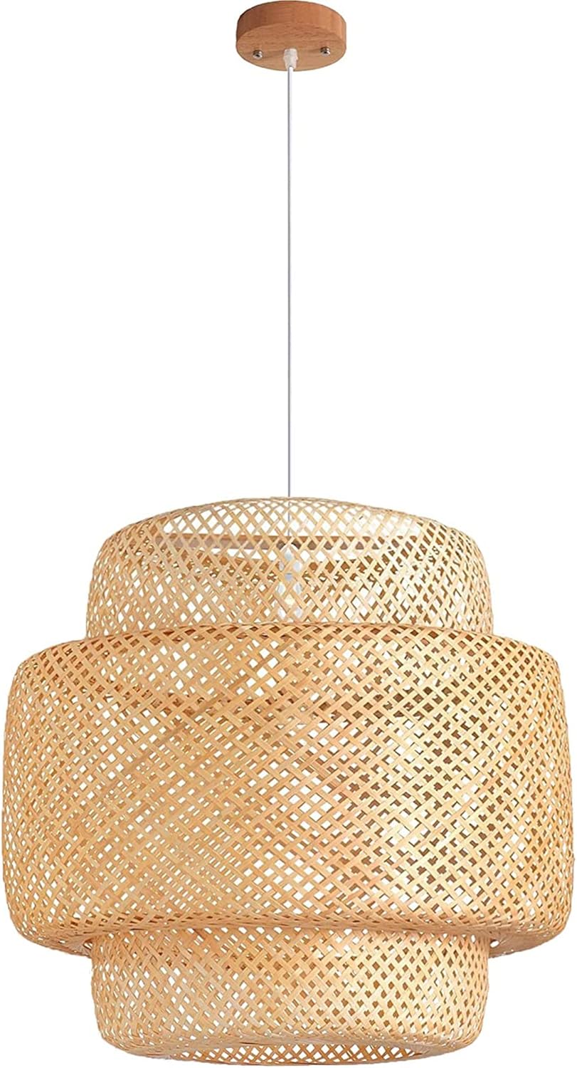 Hand Woven Bamboo Pendant Light, Natural Rattan Basket Light Fixture, Beige Bamboo Chandelier with Wood Canopy, 15.7 L x 15.7 W x 15.7 H J385