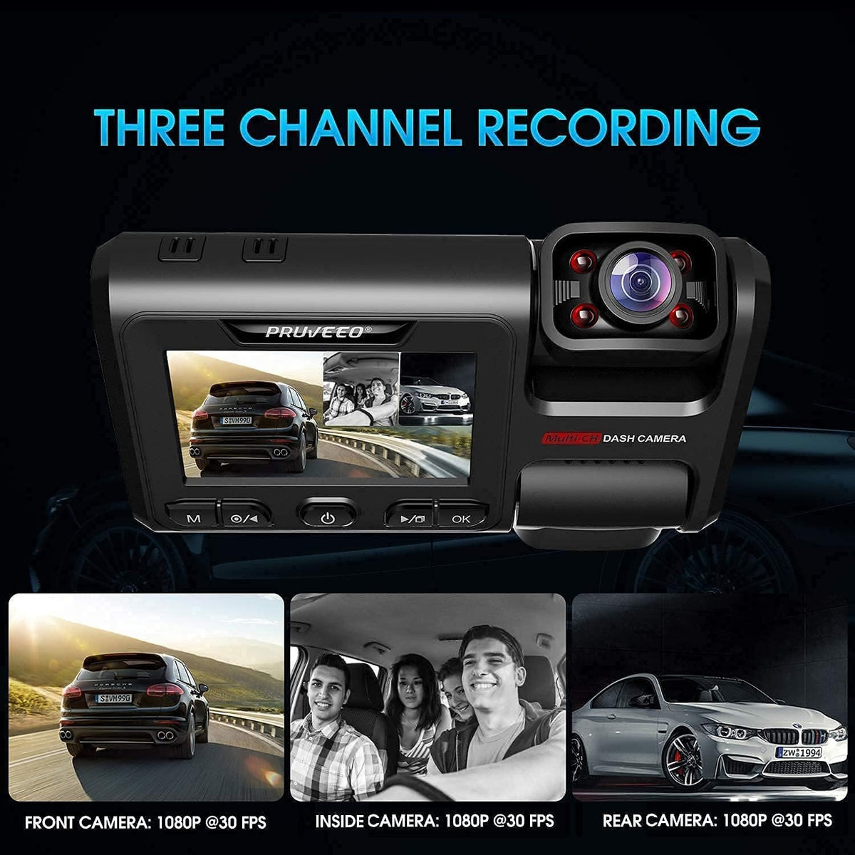 Triple FHD 1080P Front and Rear Inside Car Dash Camera, 3.0 inch LCD, Supercapacitor A108