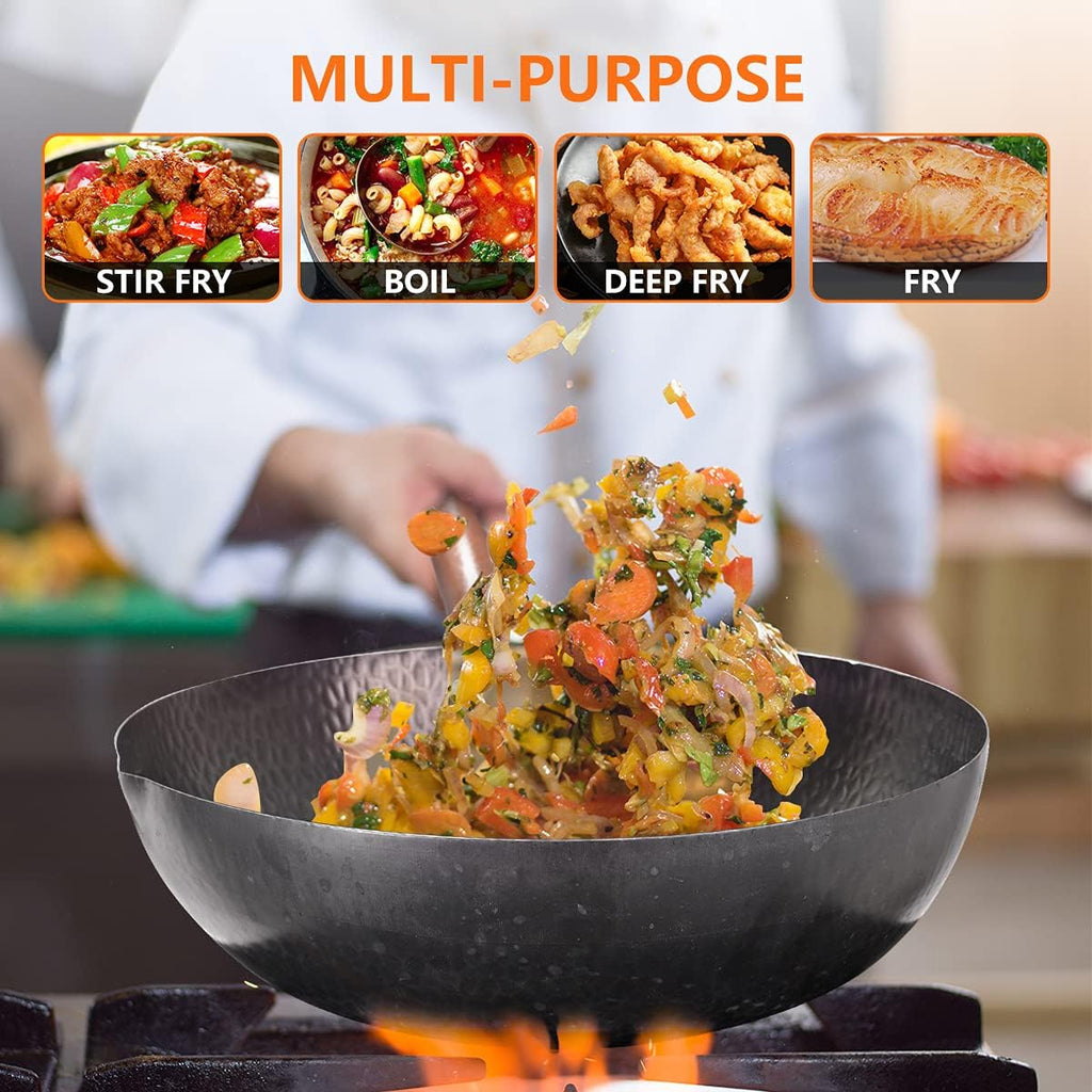 13 PCS Carbon Steel Wok Set with Wooden Lid & Utensils L1958
