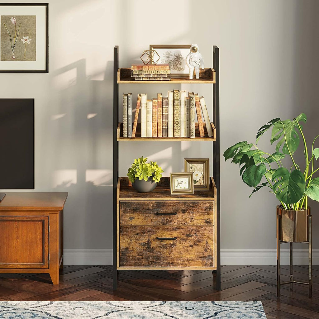Rustic Brown 3 Tier Ladder Shelf with 2 Drawers Y29689