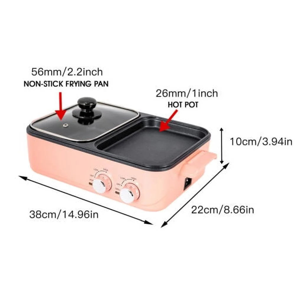 2 in 1 Non-Stick Electric BBQ Grill Hot Pot Griddle Pan Pink X122406