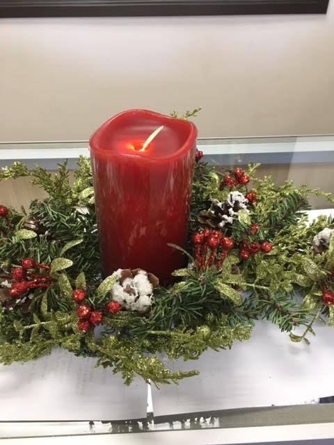 Christmas Mistletoe Table Centerpiece with LED Red Candle (24x22 Spray) J719237