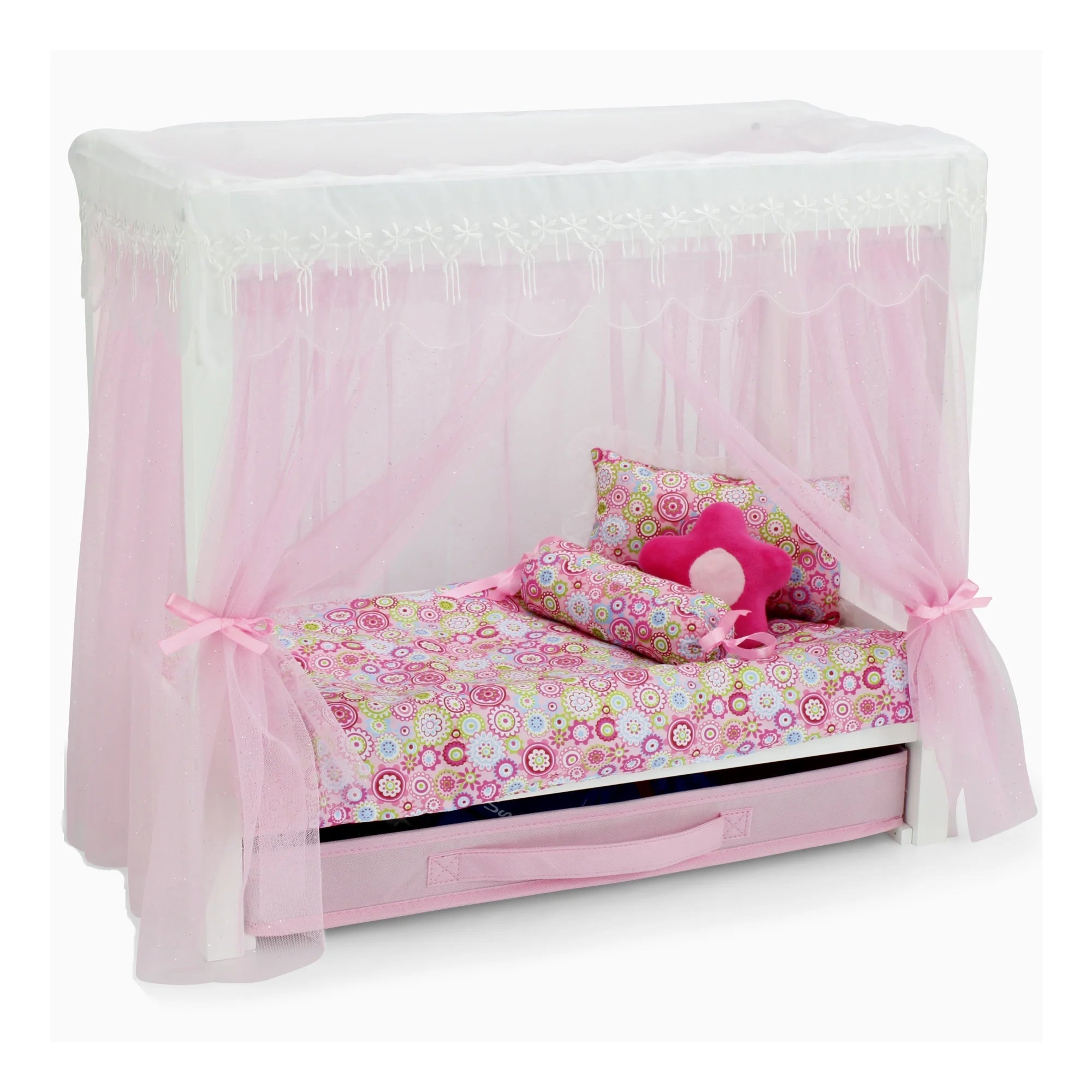 18 Inch Doll Canopy Single Bed with Doll Clothes Storage Drawer and 5 Piece Colorful Bedding Set P452354