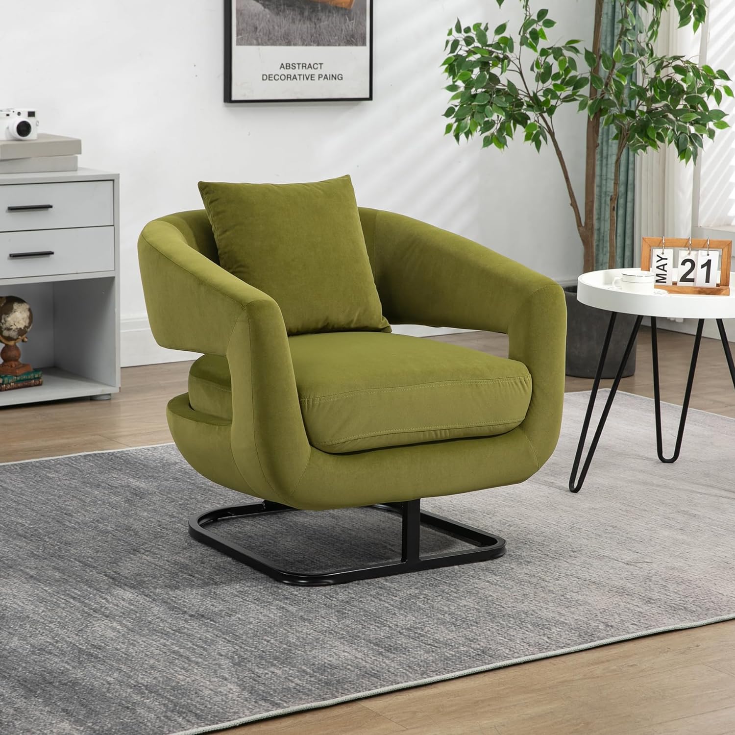 Olive Velvet Barrel Chair with Metal Base S388345