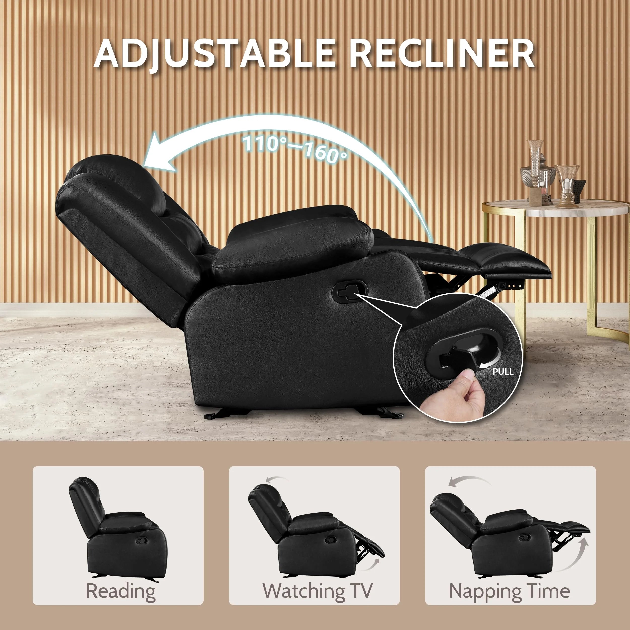 Oversized Faux Leather Manual Rocker Recliner Chair, Black X652