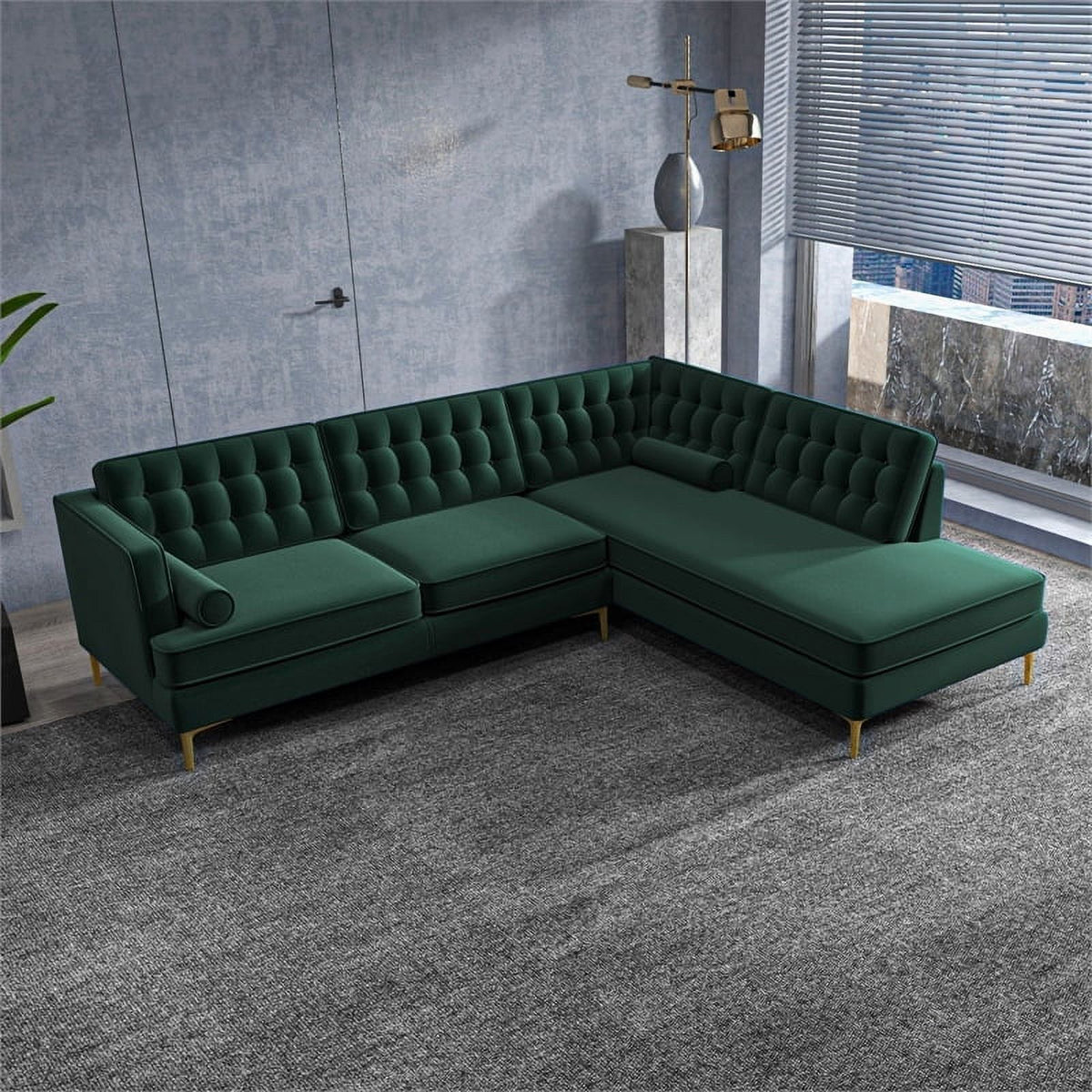 Green Velvet Right-Facing Upholstered Sectional O5008