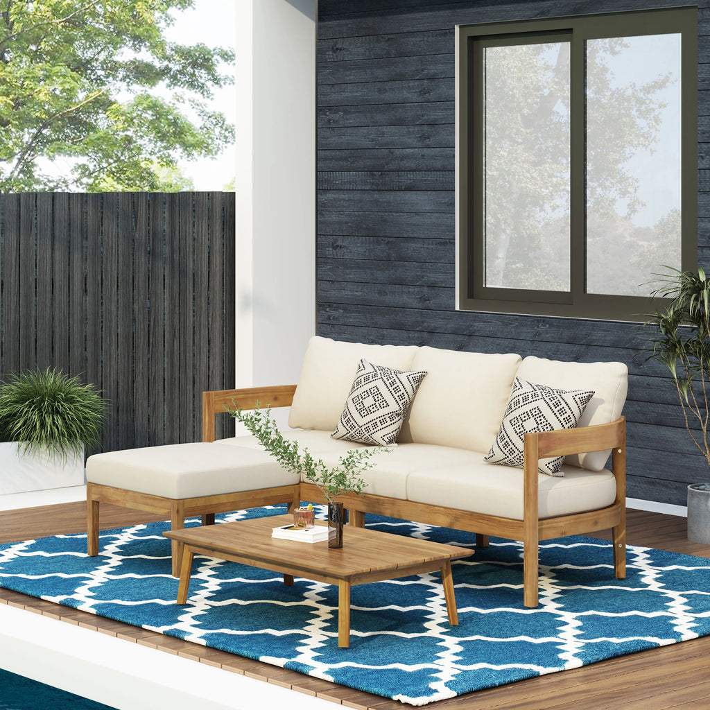 Beige Acacia Wood 3 Seater Sofa Chat Set with Ottoman P73857