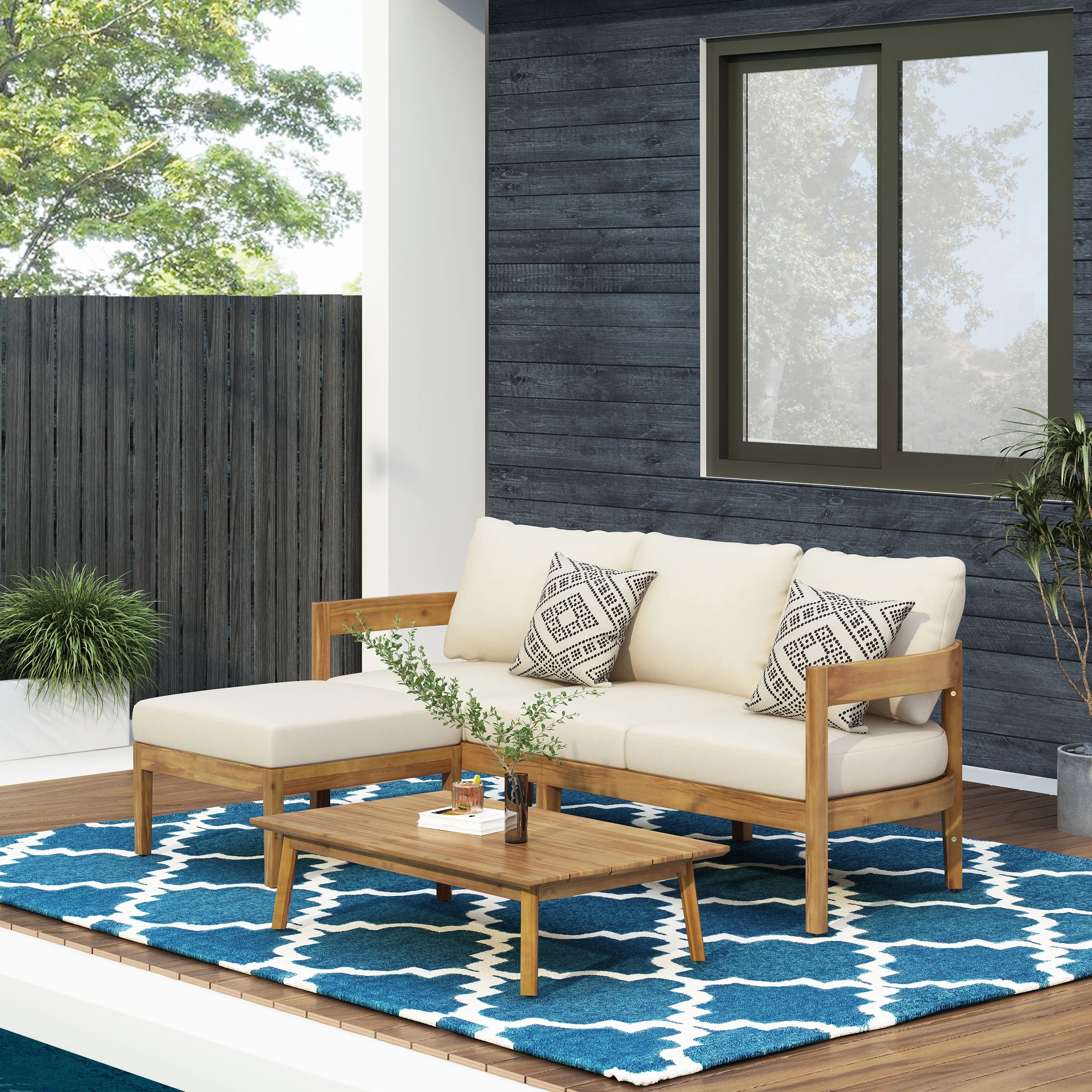 Beige Acacia Wood 3 Seater Sofa Chat Set with Ottoman P73857