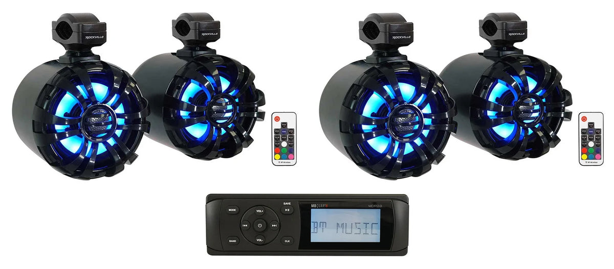Marine Bluetooth Receiver with 4 Black 6.5" LED Tower Speakers P6279