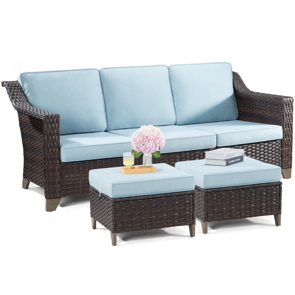 3 Pieces Outdoor Patio Wicker Conversation Set with Cushions, Sky Blue X102223