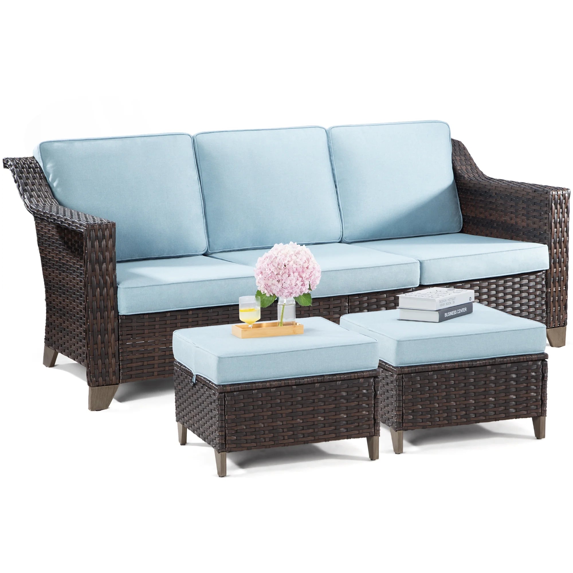 3 Pieces Outdoor Patio Wicker Conversation Set with Cushions, Sky Blue X102223