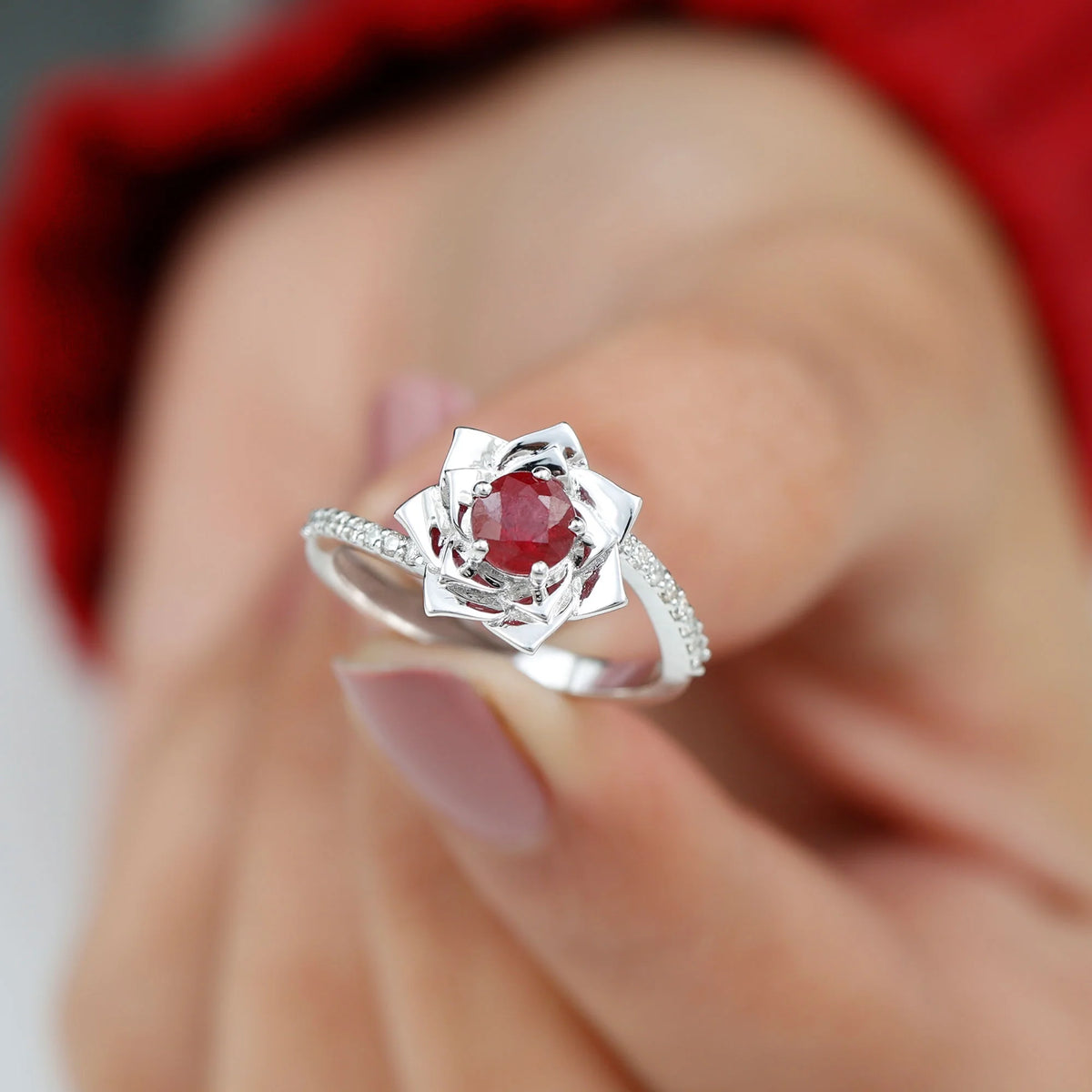 Natural Ruby Rose Floral Ring with Diamond - 1 CT, 925 Sterling Silver, US 4.00 P82186
