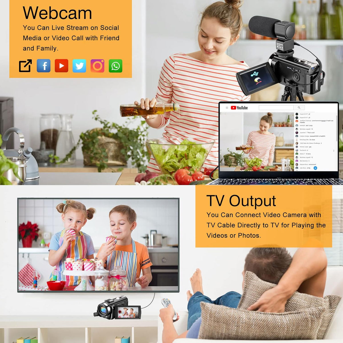 FHD 1080P 30FPS 24MP 3.0 Inch 270° Rotation Screen Video Camera Camcorder with Microphone, Remote Control, 2 Batteries I589