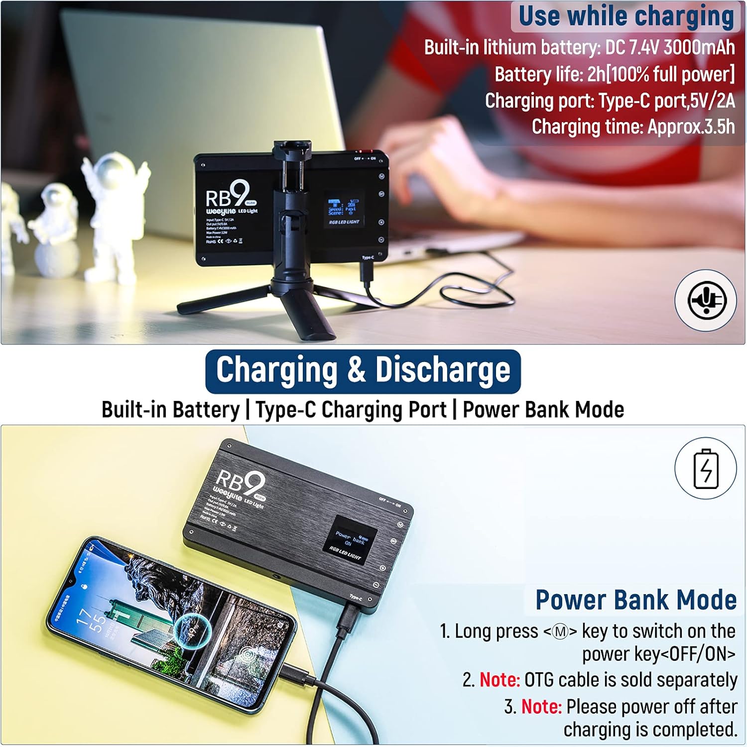 RGB Camera Video Light, 12W Rechargeable Battery LED Panel E30314
