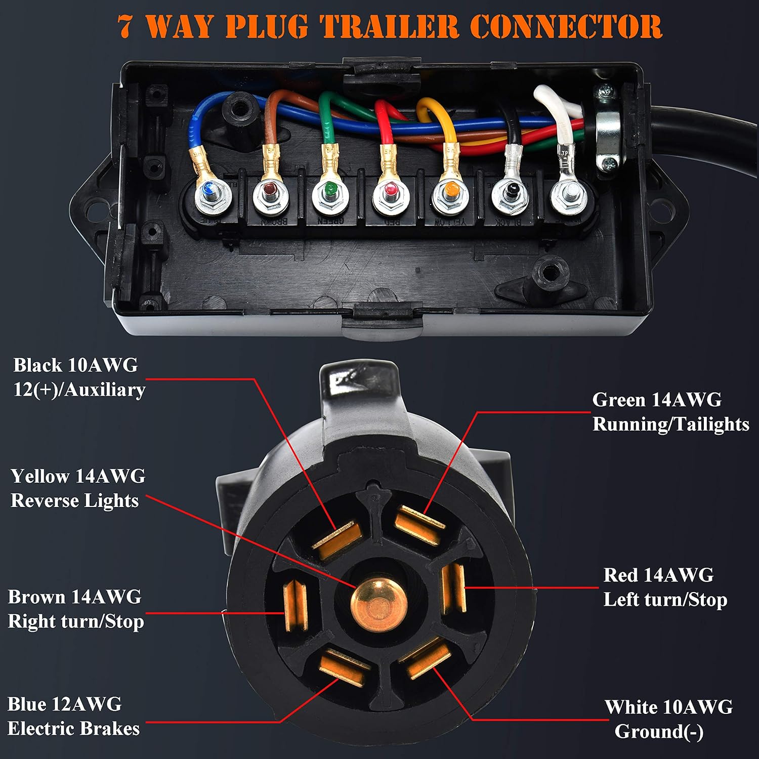 7 Way Inline Trailer Cord with 7 Gang Junction Box, 8 Feet, Waterproof, Pack of 2 M190910
