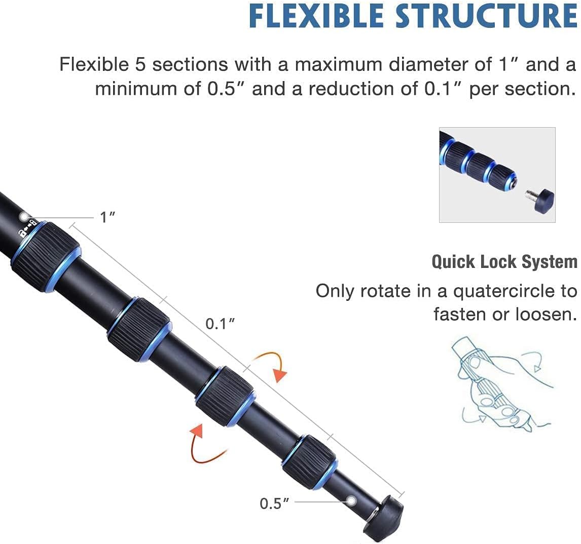 Monopod Tripod with Feet for Camera DSLR Camcorder, Lightweight Aluminum Alloy, 5 Sections up to 65 inch, Pack of 2 Y28573