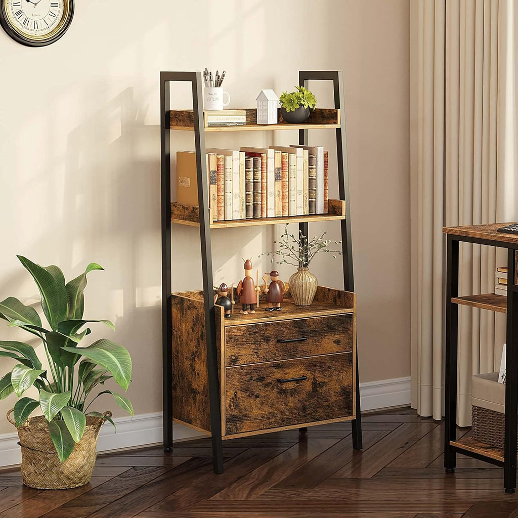 Rustic Brown 3 Tier Ladder Shelf with 2 Drawers Y29689