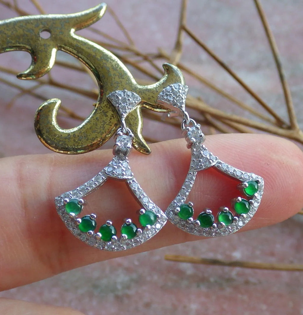 Sterling Silver 925 Green Natural Burma Jade Jadeite Cabochon Fan Dangle Earrings Y1083