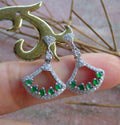Sterling Silver 925 Green Natural Burma Jade Jadeite Cabochon Fan Dangle Earrings Y1083