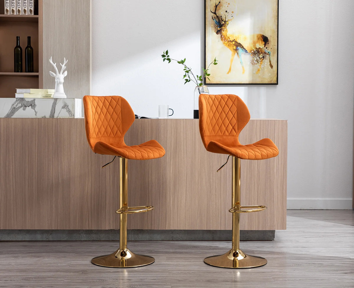Orange Velvet Adjustable Swivel Bar Stools Set of 2 X188