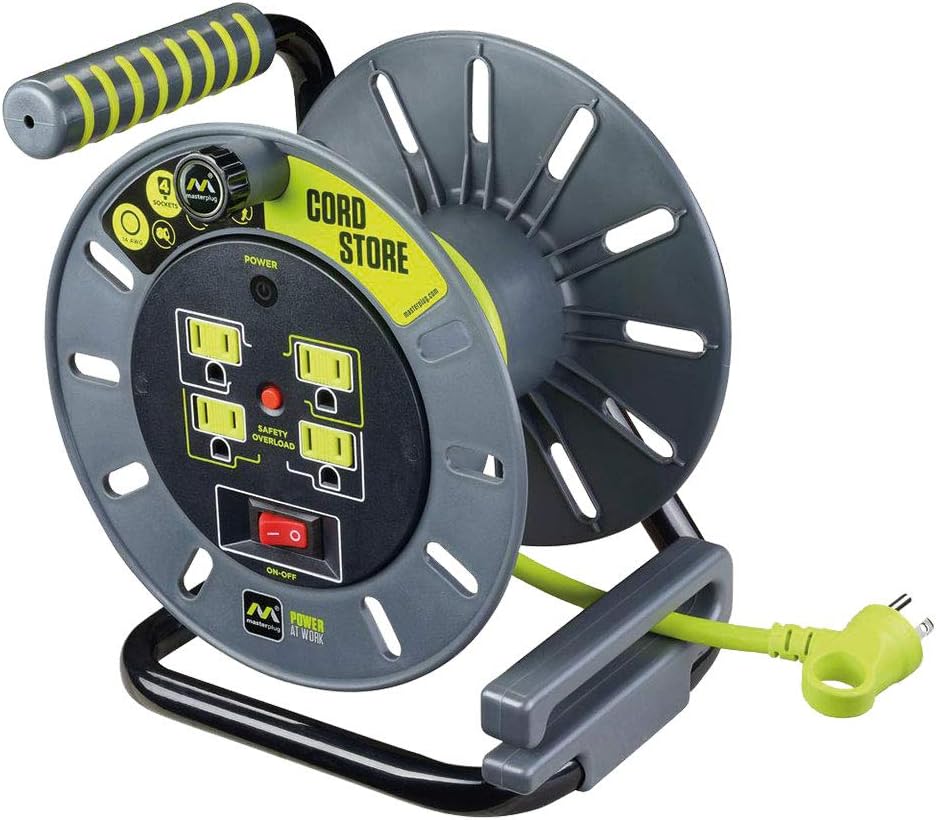 Heavy Duty Metal Cord Reel with 4 Outlets and 12 Gauge Cord (100ft) D947