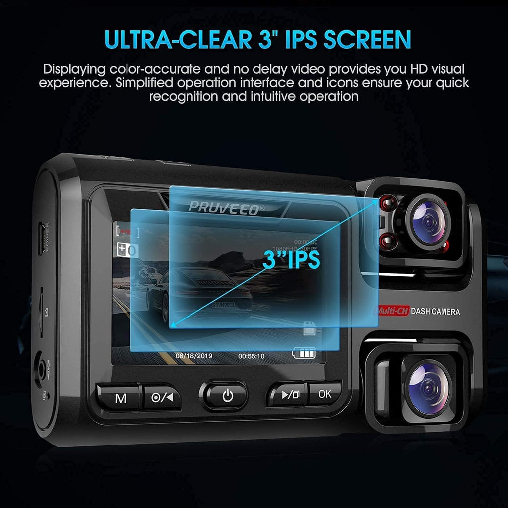 Triple FHD 1080P Front and Rear Inside Car Dash Camera, 3.0 inch LCD, Supercapacitor A108