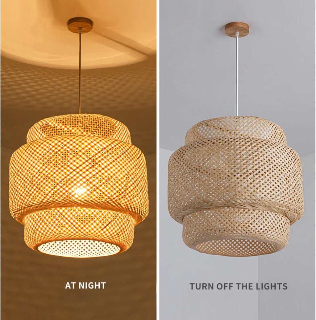 Hand Woven Bamboo Pendant Light, Natural Rattan Basket Light Fixture, Beige Bamboo Chandelier with Wood Canopy, 15.7 L x 15.7 W x 15.7 H J385