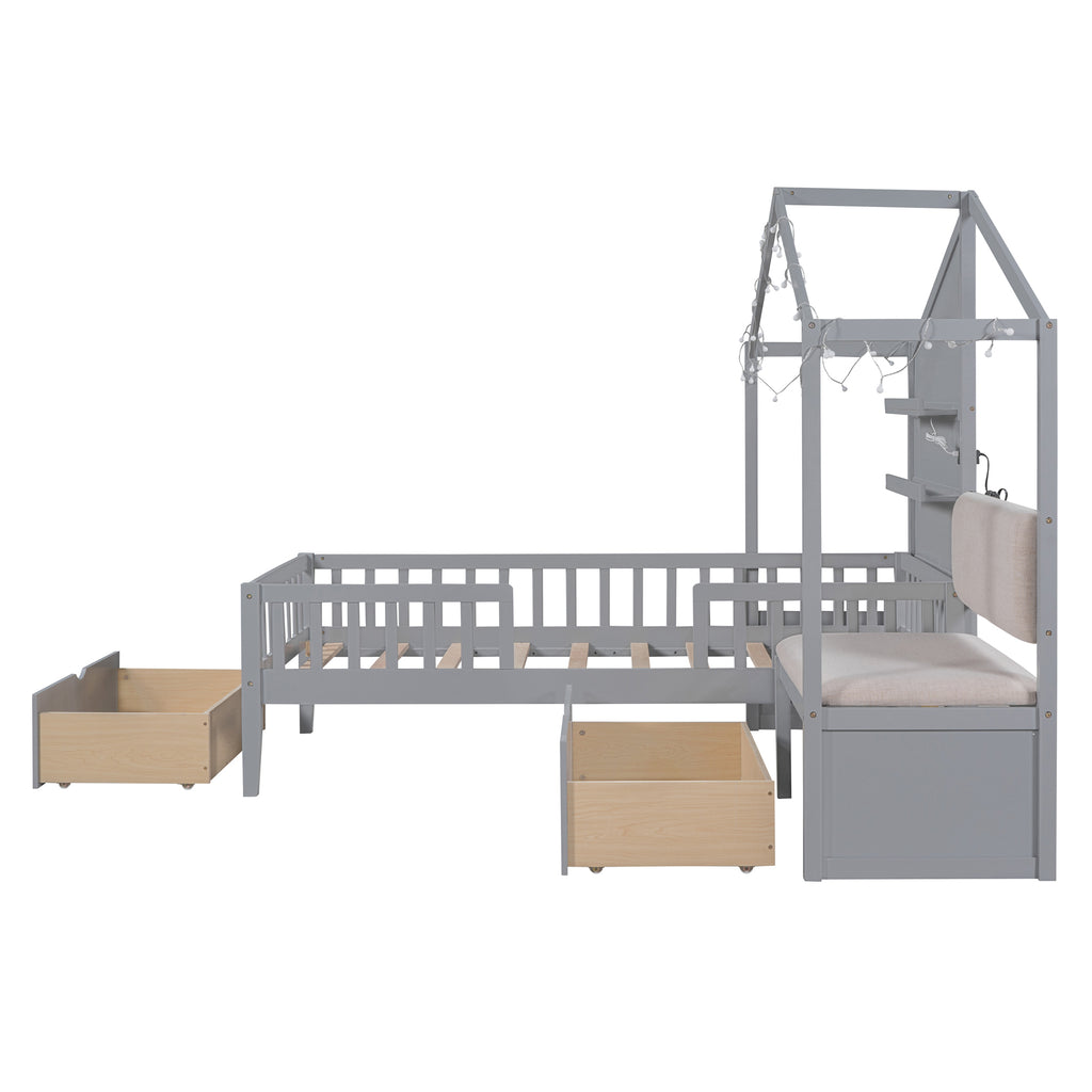 Twin Size House Bed with Upholstered Sofa, Charging Station, Shelves and Two Drawers, Gray E6437