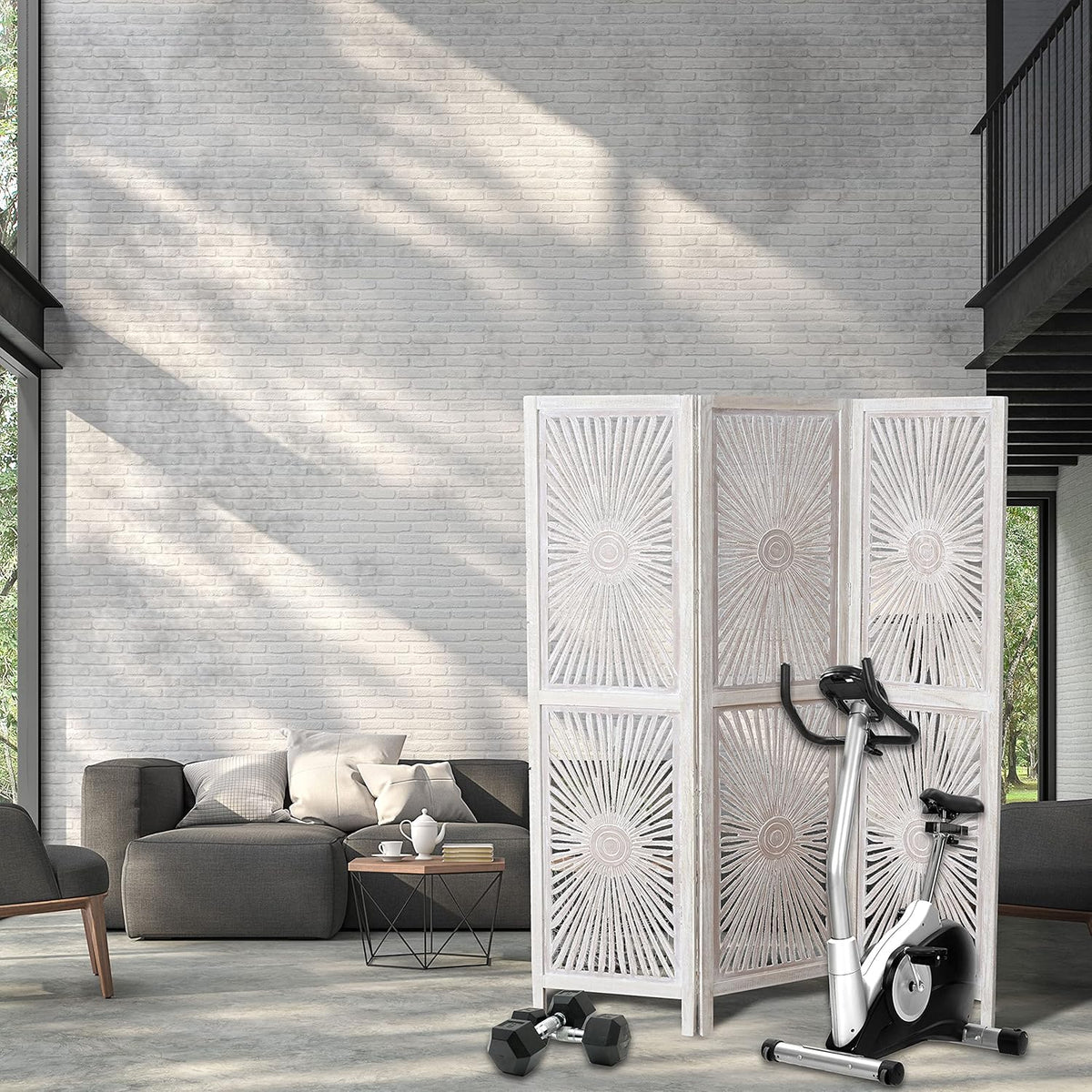 3 Panel Room Divider, Mango and MDF Wood, 71.75 Inches Tall Y22264