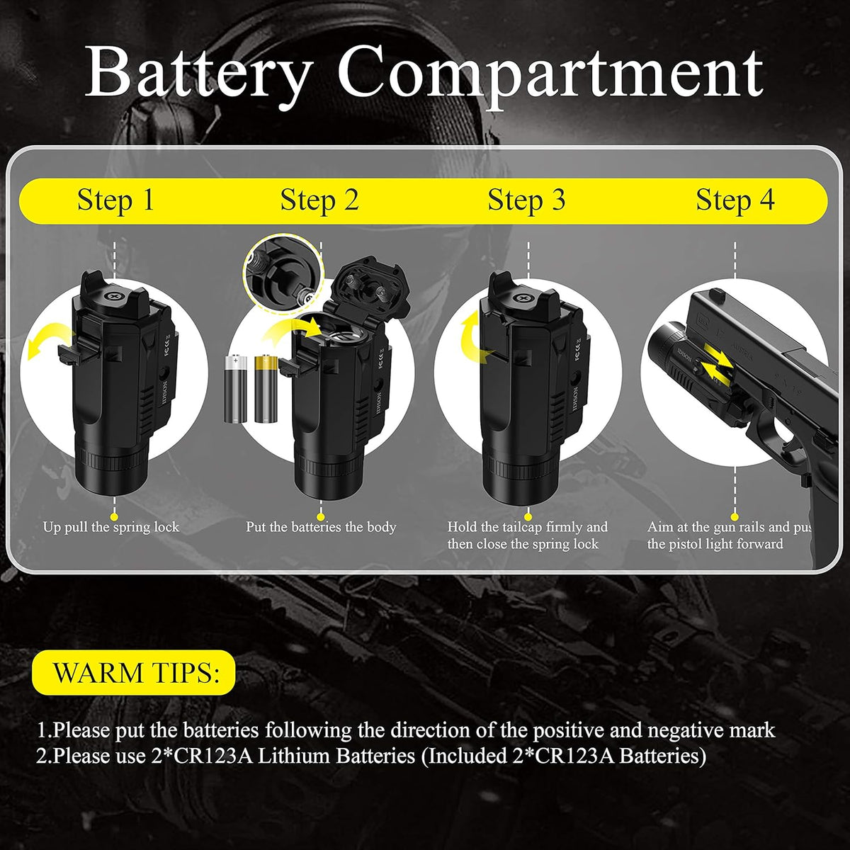 Tactical Flashlight 1200-Lumens Rail Mounted Compact Pistol Light with Cree XML2 LED 2 x CR123A Lithium Batteries L3980