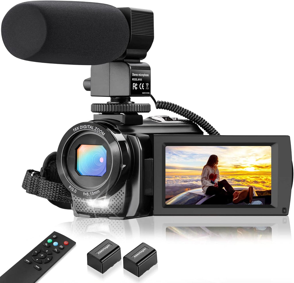 FHD 1080P 30FPS 24MP 3.0 Inch 270° Rotation Screen Video Camera Camcorder with Microphone, Remote Control, 2 Batteries I589