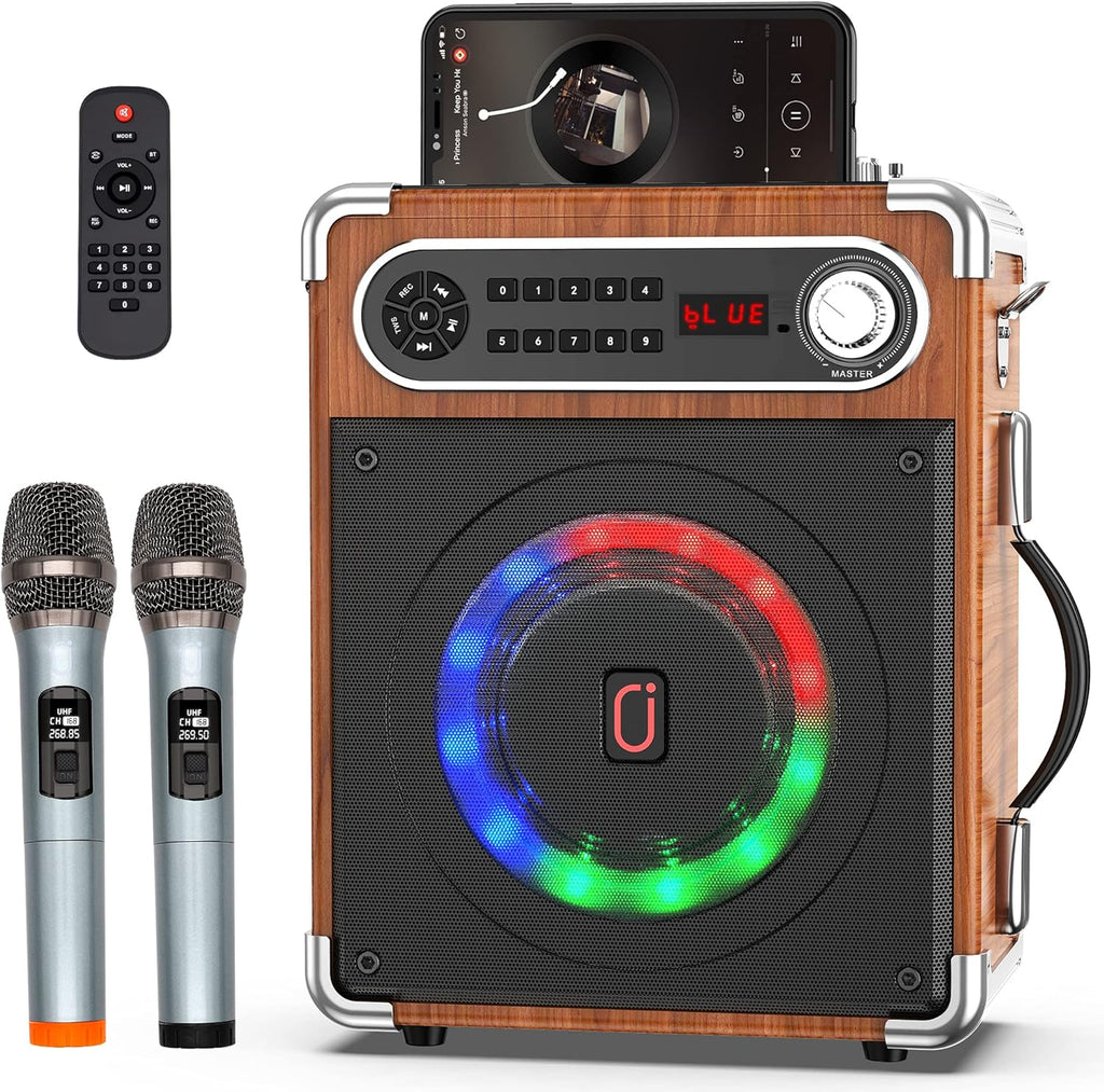 Karaoke Machine with Two Wireless Microphones, Portable Bluetooth Speaker with LED Lights U48492