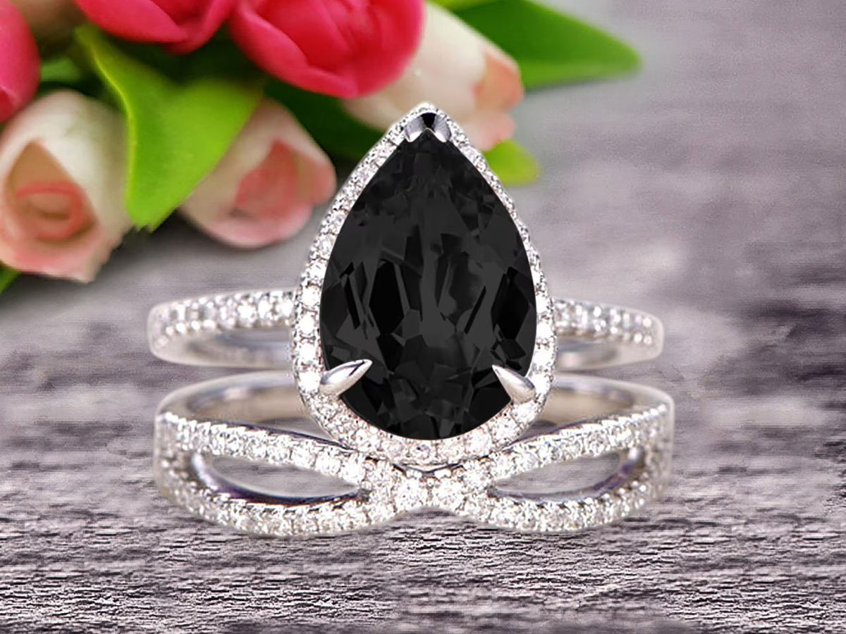 Black Diamond Moissanite Engagement Ring 2.50 Carat Pear Shape 10k White Gold With Matching Band H473165