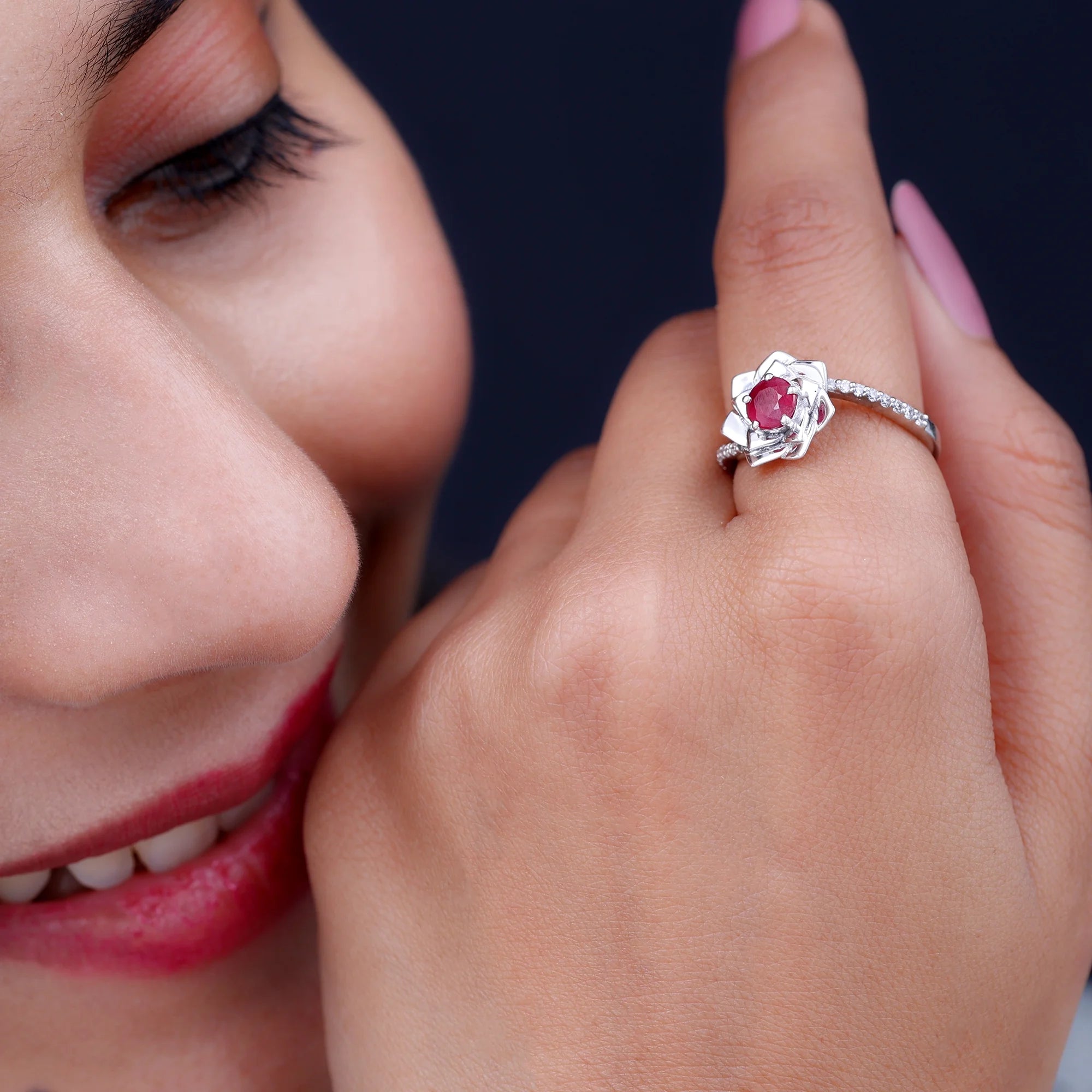 Natural Ruby Rose Floral Ring with Diamond - 1 CT, 925 Sterling Silver, US 4.00 P82186