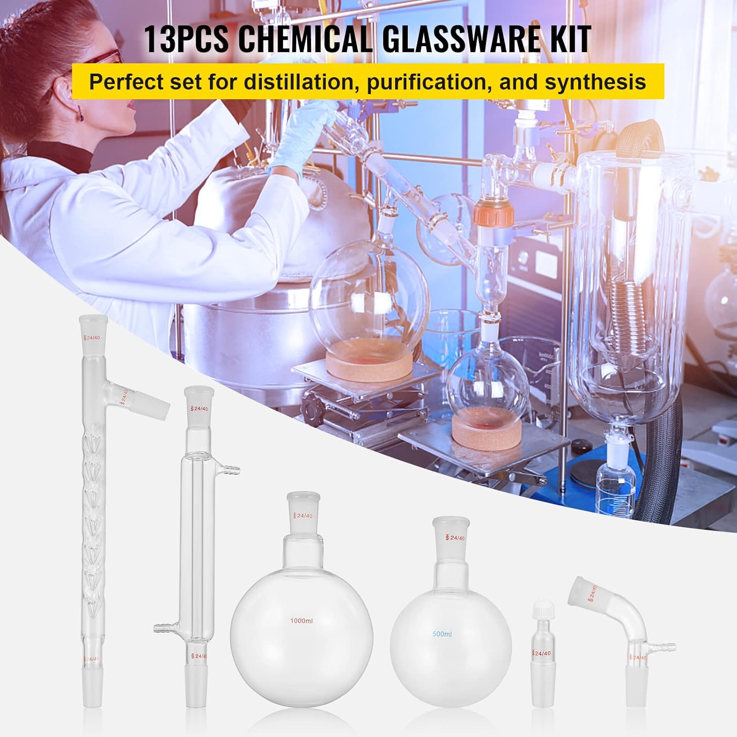 13pcs Borosilicate Glass Distillation Apparatus Kit with 1000ml Round Bottom Flask M965555