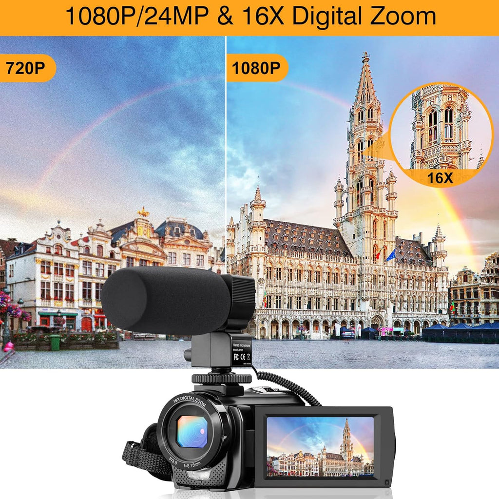 FHD 1080P 30FPS 24MP 3.0 Inch 270° Rotation Screen Video Camera Camcorder with Microphone, Remote Control, 2 Batteries I589