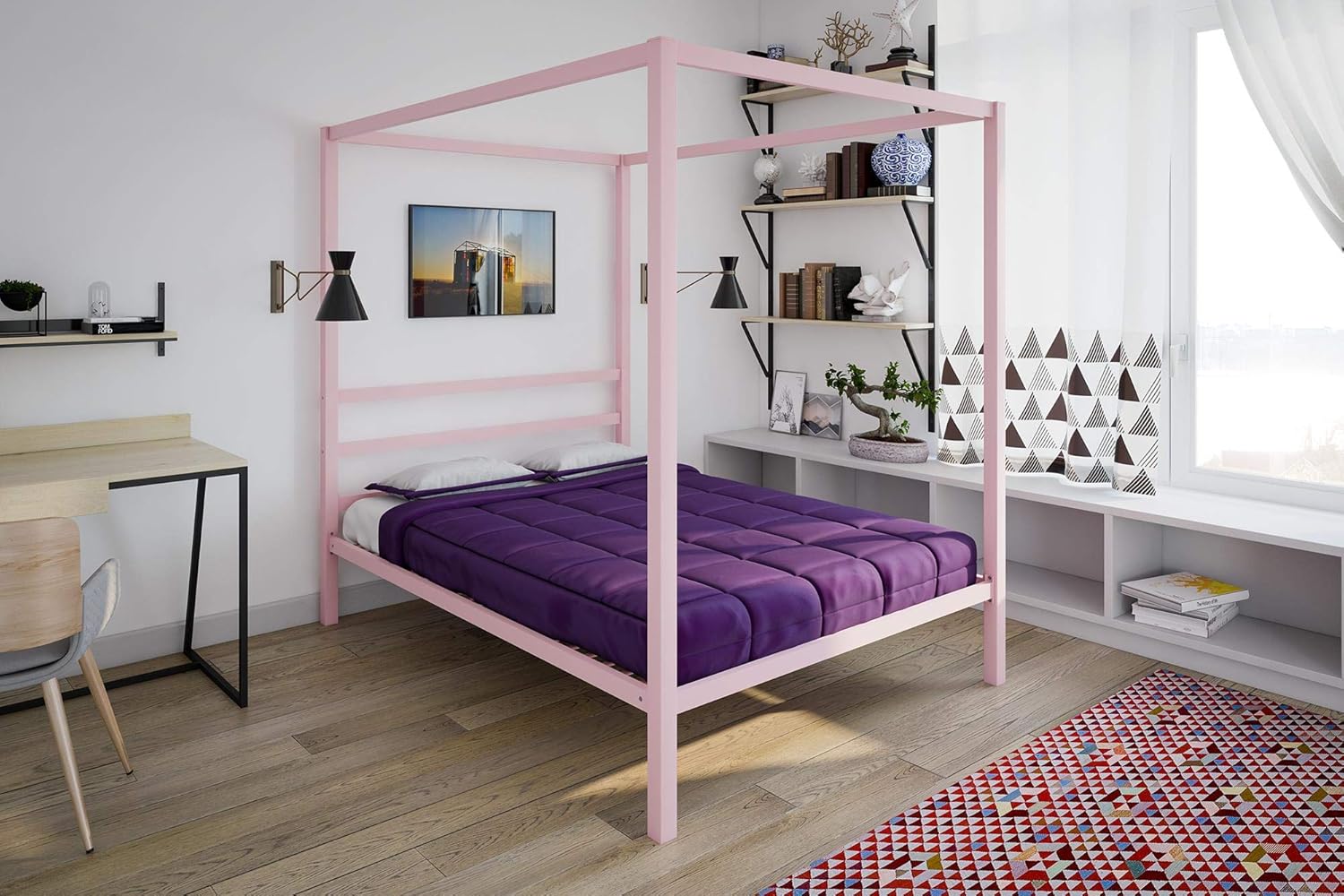 King Size Gray Canopy Bed with Built-in Headboard D391413